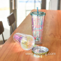 Laser paper printed double plastic cup magic color cup with lid and straw